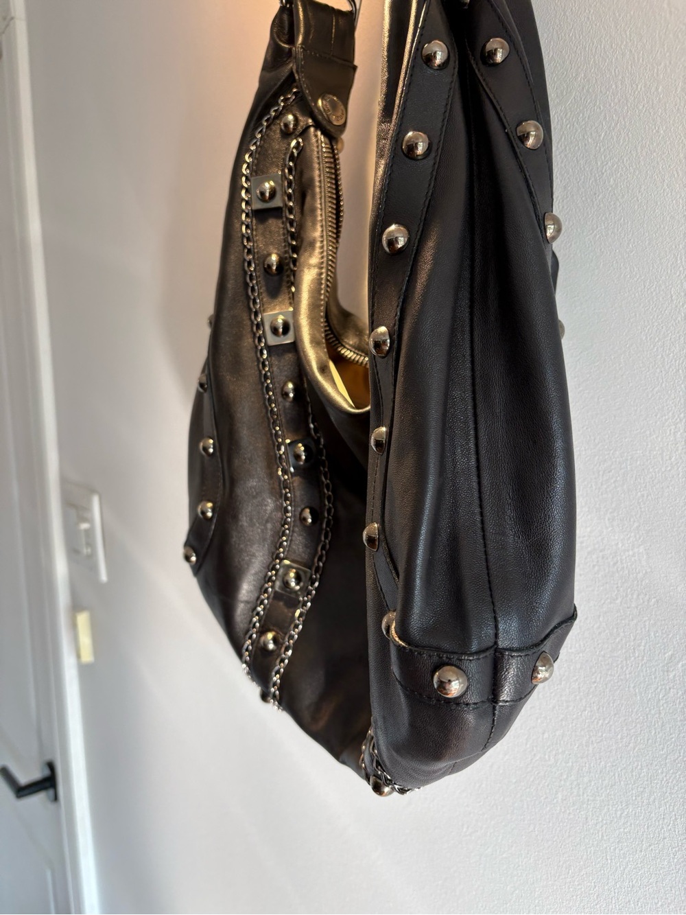 Stuart Weitzman Black Leather Stud-Trim Shoulder Bag
